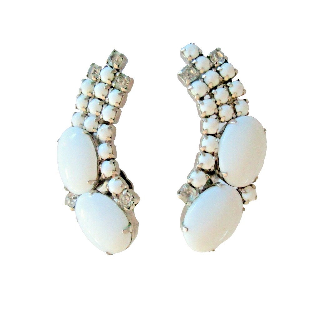 Vintage Large Funky White Glass Up the Ear Clip Earrings Rhinestones Climber